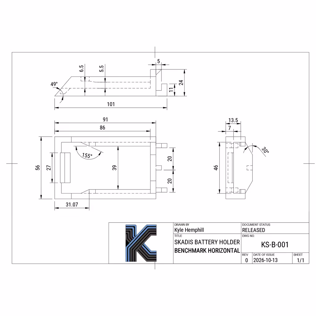 Detail engineering drawing of a battery holder for the Skadis pegboard system, with dimensions and a document title block